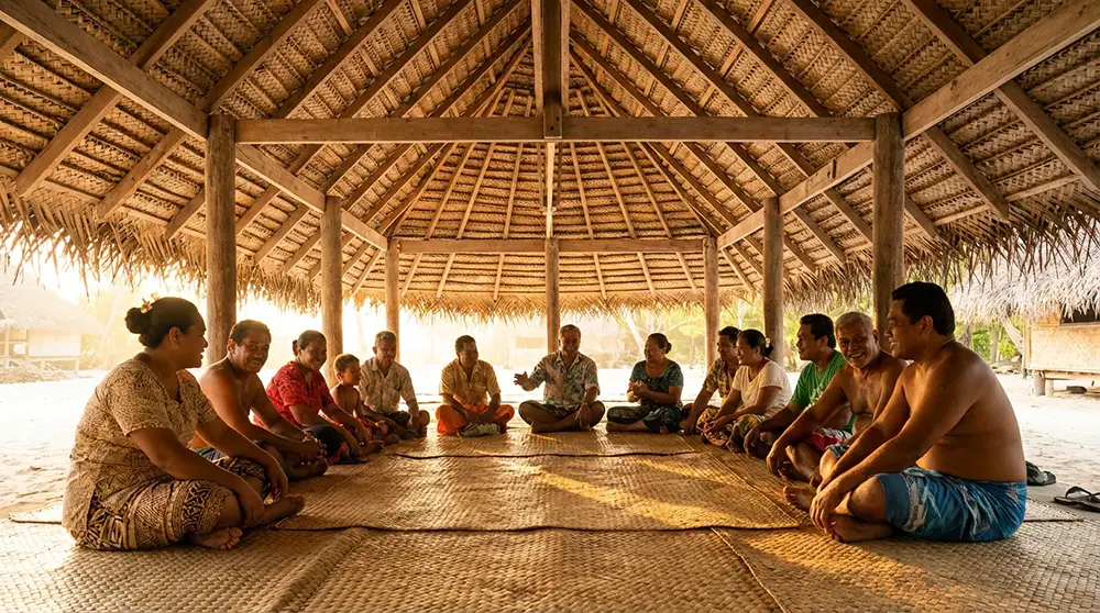 Intérieur d'une maneaba à Kiribati avec des habitants rassemblés sur des nattes tressées sous un toit de chaume