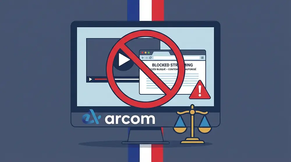 Illustration symbolisant les risques juridiques et techniques liés à l'utilisation de Moiflix en France, avec le logo ARCOM