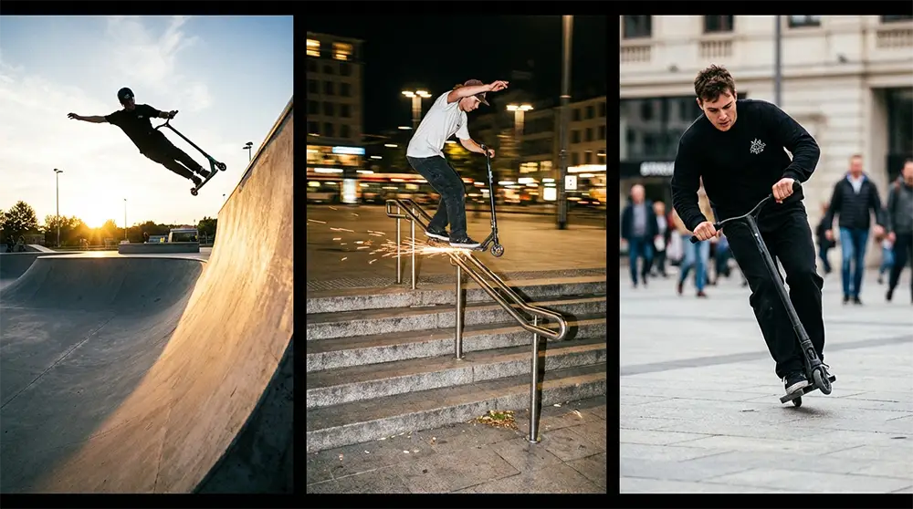 Les trois styles de trottinette freestyle : rider park en skatepark, rider street sur rail urbain et pratique flat en milieu urbain