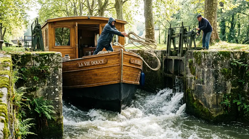 Péniche entrant dans une écluse en pierre sur le canal du Midi avec éclusier manœuvrant les portes