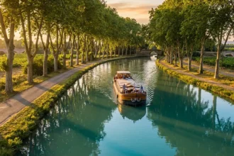 Péniche glissant sur le canal du Midi sous une voûte de platanes centenaires en été