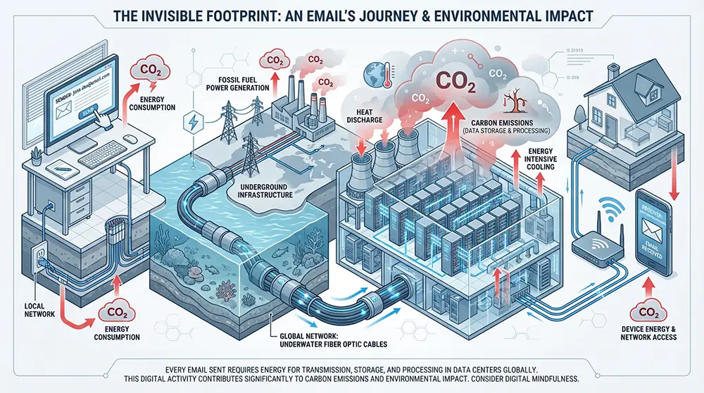 Illustration du parcours d'un e-mail jusqu'à un centre de données avec serveurs et émissions de CO₂