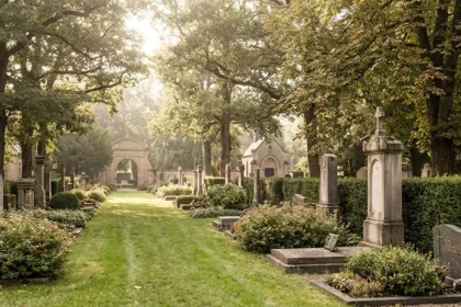 Allée paisible d'un cimetière paysager en Lorraine illustrant l'accompagnement des pompes funèbres à Hayange