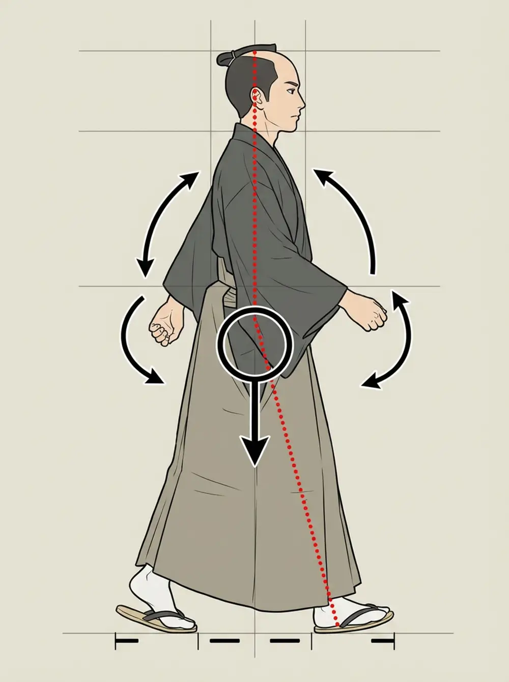 Démonstration technique de profil montrant la posture correcte en marche japonaise avec annotations anatomiques : alignement vertical tête-bassin-pieds, centre de gravité bas tanden, coordination bras-jambe même côté, pas courts marqués, lignes guides pédagogiques