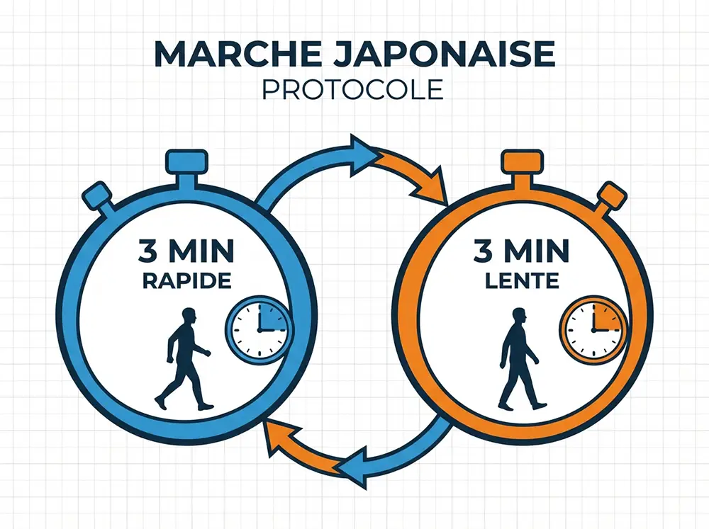 Infographie pédagogique illustrant le protocole de la marche japonaise avec chronomètres affichant 3 minutes rapide et 3 minutes lente, silhouettes en mouvement et flèches circulaires montrant l'alternance des phases d'intensité
