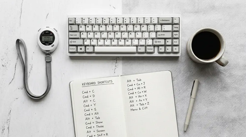 Bureau minimaliste avec clavier et notes de raccourcis Windows
