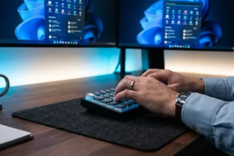 Mains tapant rapidement des raccourcis Windows sur un clavier mécanique rétroéclairé