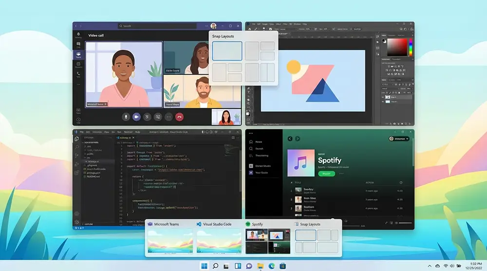 Interface Windows 11 avec Snap Layouts et bureaux virtuels