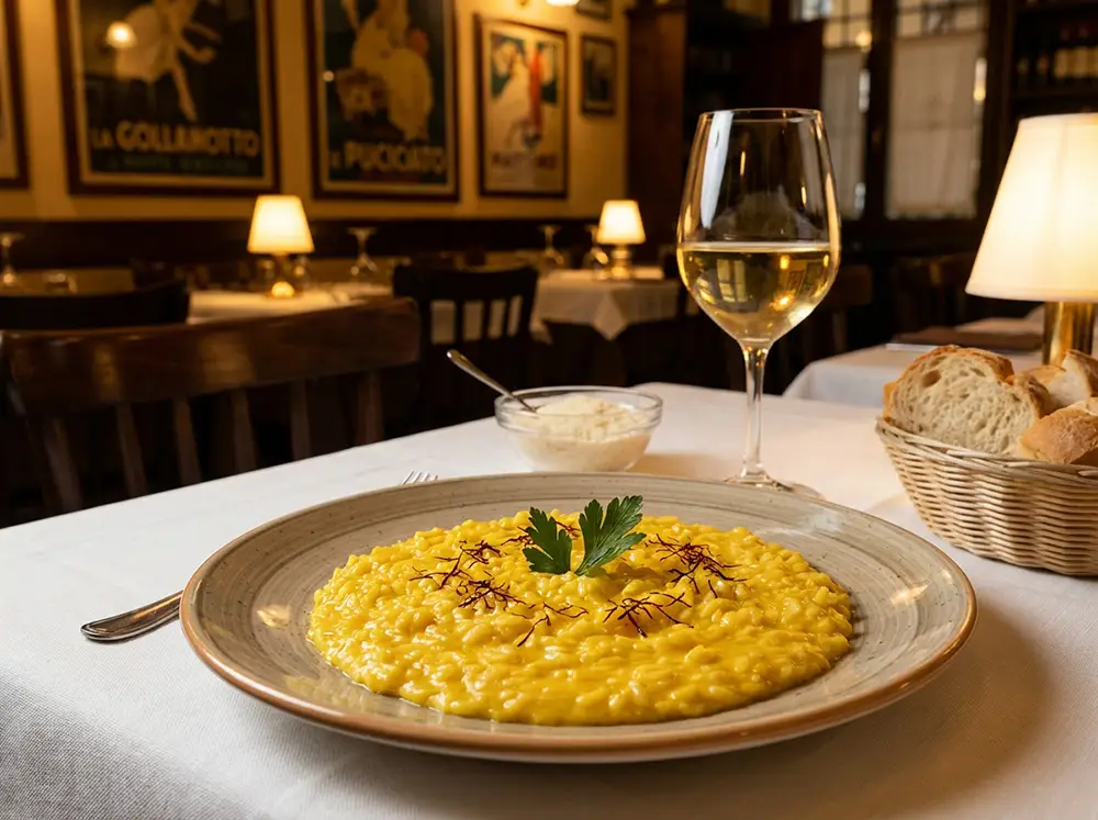 Risotto alla milanese servi dans une assiette avec safran doré – gastronomie lombarde