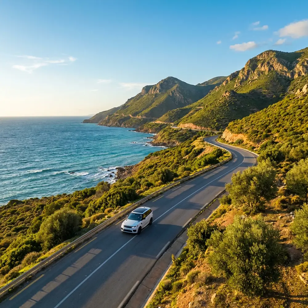 Voiture roulant sur une route côtière sinueuse en Algérie avec la mer Méditerranée en contrebas
