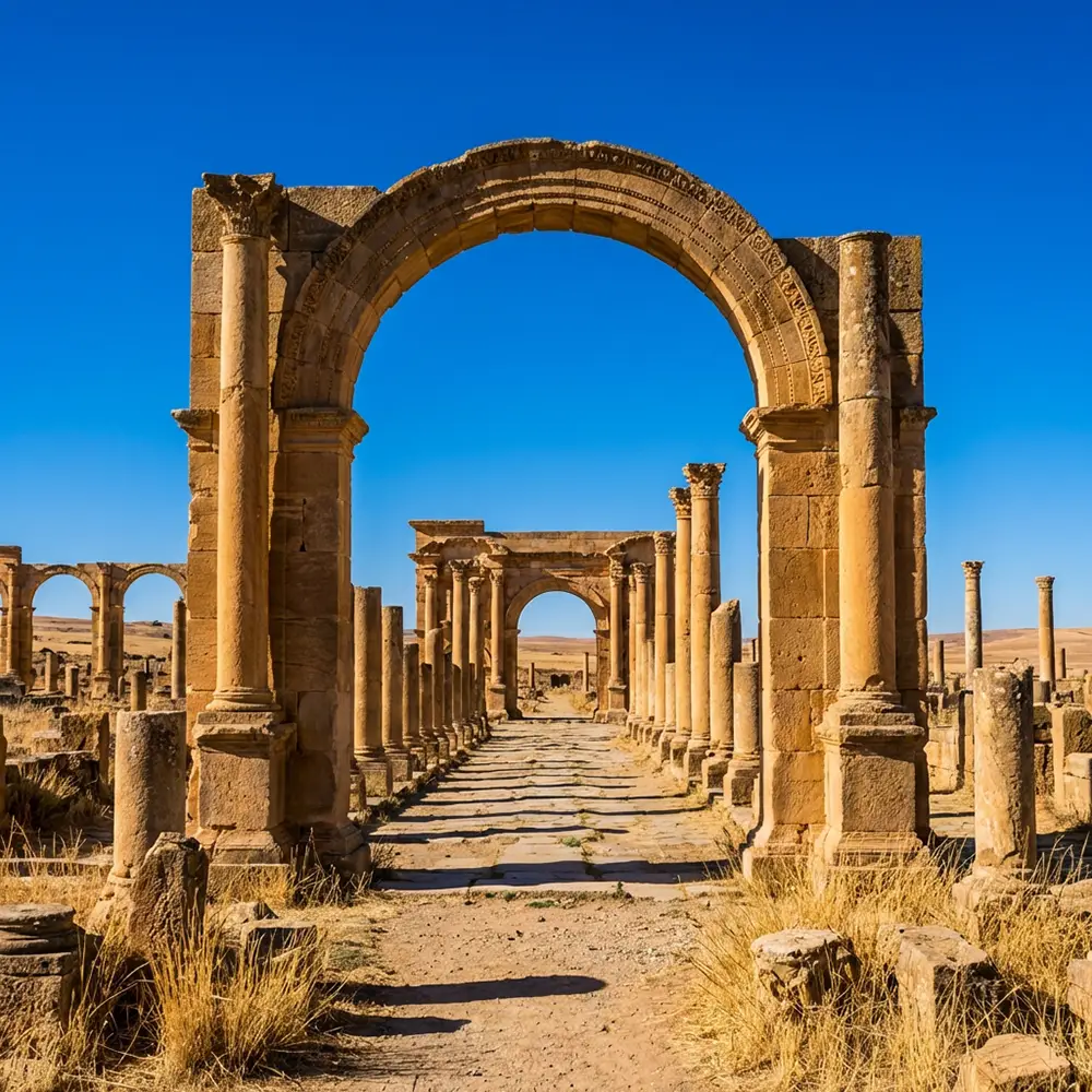 Ruines romaines de Timgad en Algérie vues depuis l'arc de Trajan sous un ciel bleu