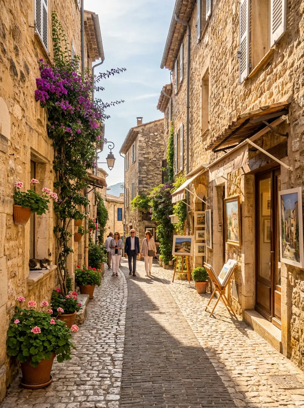 Ruelle pavée de Saint-Paul-de-Vence avec galeries d'art et façades en pierre dorée