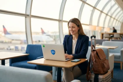 Femme sur son ordinateur dans un aéroport confiance pour sa sécurité en ligne grâce à un VPN