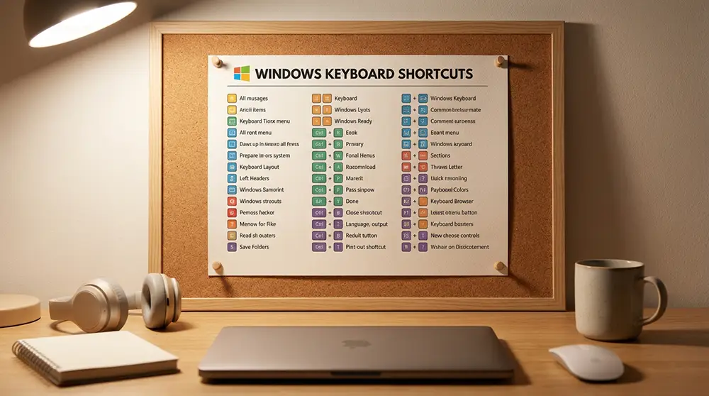Fiche mémo imprimée des 50 raccourcis clavier Windows épinglée au bureau