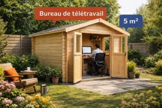 Bureau de télétravail aménagé dans un abri de jardin