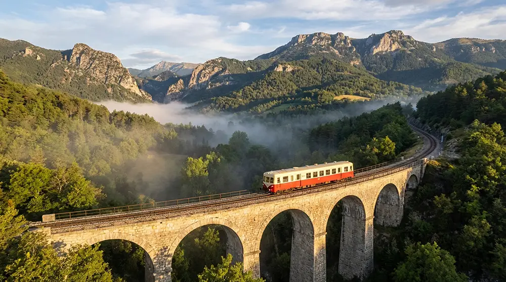 Train des Pignes traversant un paysage montagneux de l'arrière-pays niçois vers la Haute-Provence