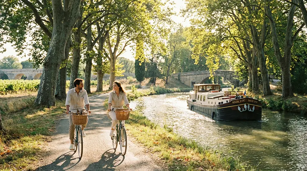 Cyclistes sur le chemin de halage du canal du Midi avec une péniche naviguant en parallèle