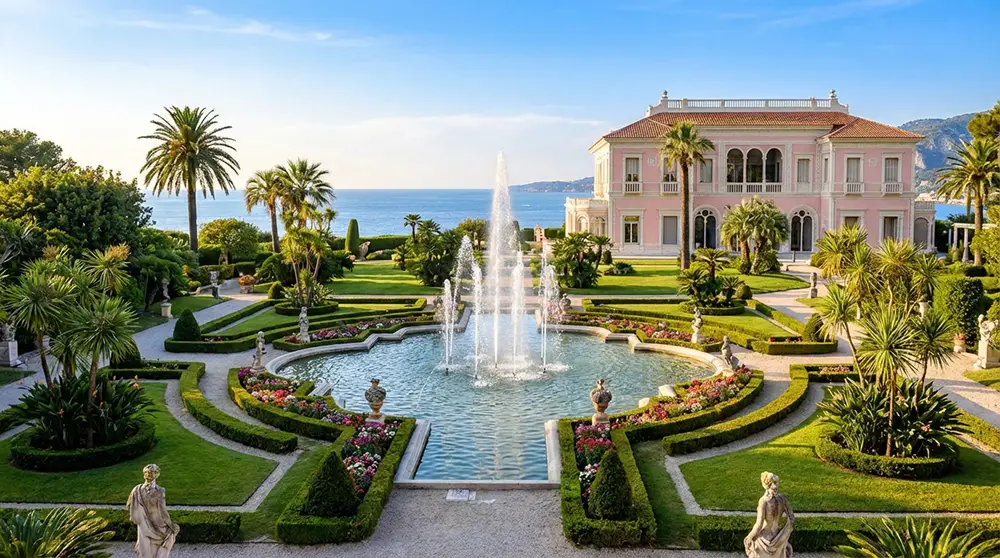 Jardins à la française de la Villa Ephrussi de Rothschild à Saint-Jean-Cap-Ferrat avec vue sur la mer
