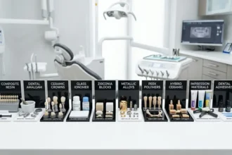 Une vue d'ensemble professionnelle présentant les 10 différents types de matériaux dentaires dans un environnement clinique moderne