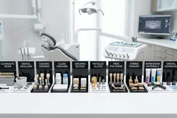 Une vue d'ensemble professionnelle présentant les 10 différents types de matériaux dentaires dans un environnement clinique moderne
