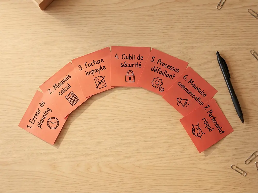 Post-its numérotés représentant les 7 erreurs les plus fréquentes commises lors de la création d'une micro-entreprise