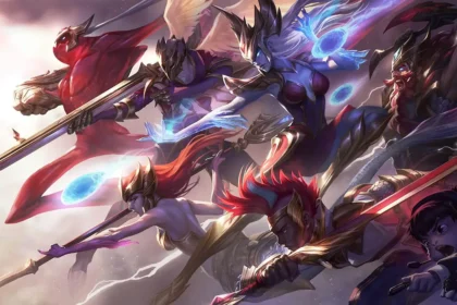 Illustration de champions League of Legends en armures dorées et violettes brandissant des épées avec des effets de magie bleue