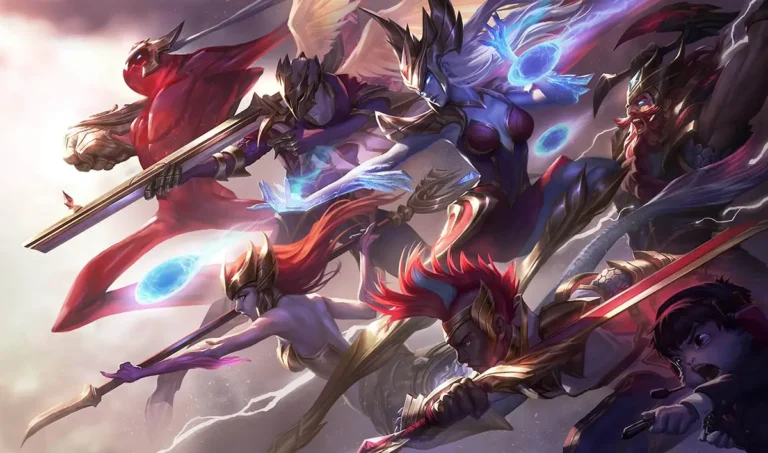 Illustration de champions League of Legends en armures dorées et violettes brandissant des épées avec des effets de magie bleue