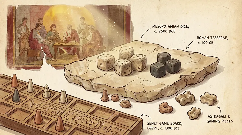illustration parchemin indiquant les premières traces des jeux de hasard dans l'antiquité et les anciennes civilisations