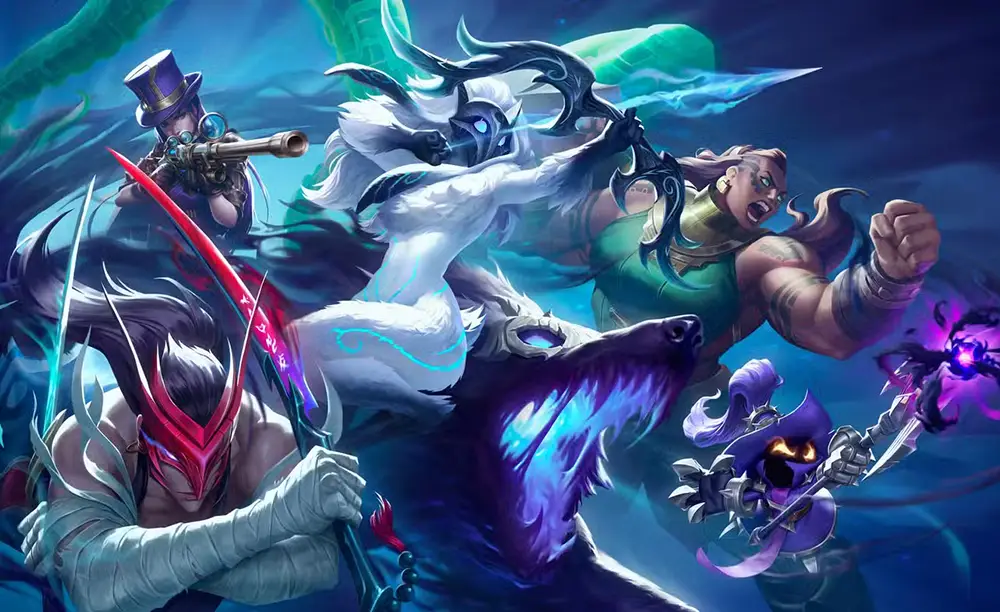 Illustration de champions League of Legends incluant un tireur d'élite, un loup fantôme blanc et bleu, une combattante et un petit personnage masqué avec une arme magique violette