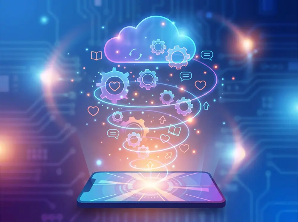 Illustration conceptuelle de l'algorithme Instagram avec icônes d'engagement (likes, commentaires, partages)