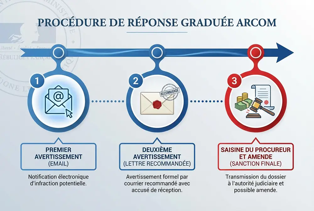 Infographie en 3 étapes de la procédure ARCOM : avertissement e-mail, courrier recommandé, procureur
