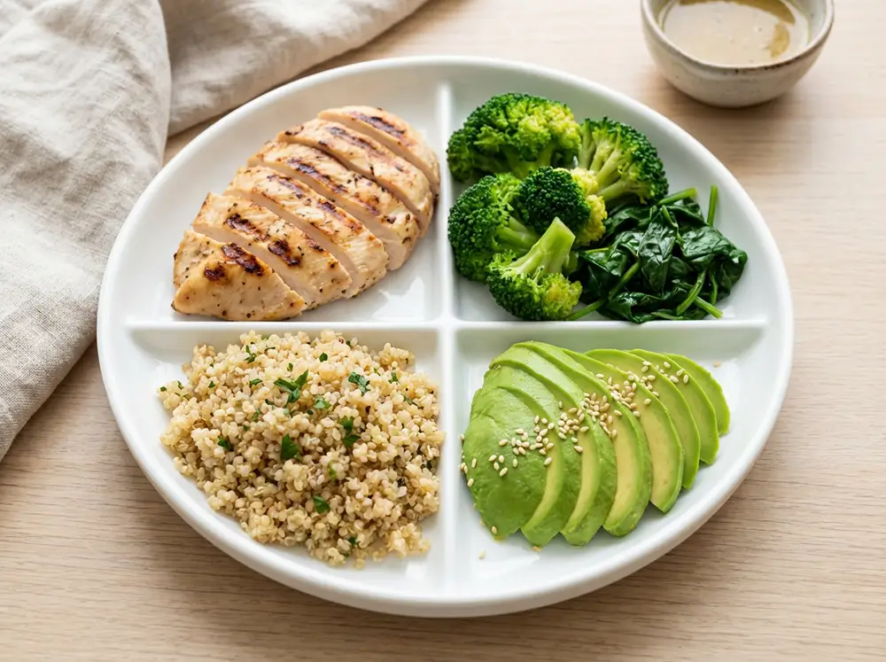 Assiette équilibrée divisée en quatre : protéines, légumes, féculents IG bas, bonnes graisses