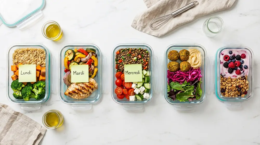 Boîtes en verre alignées contenant des repas minceur préparés à l'avance pour la semaine