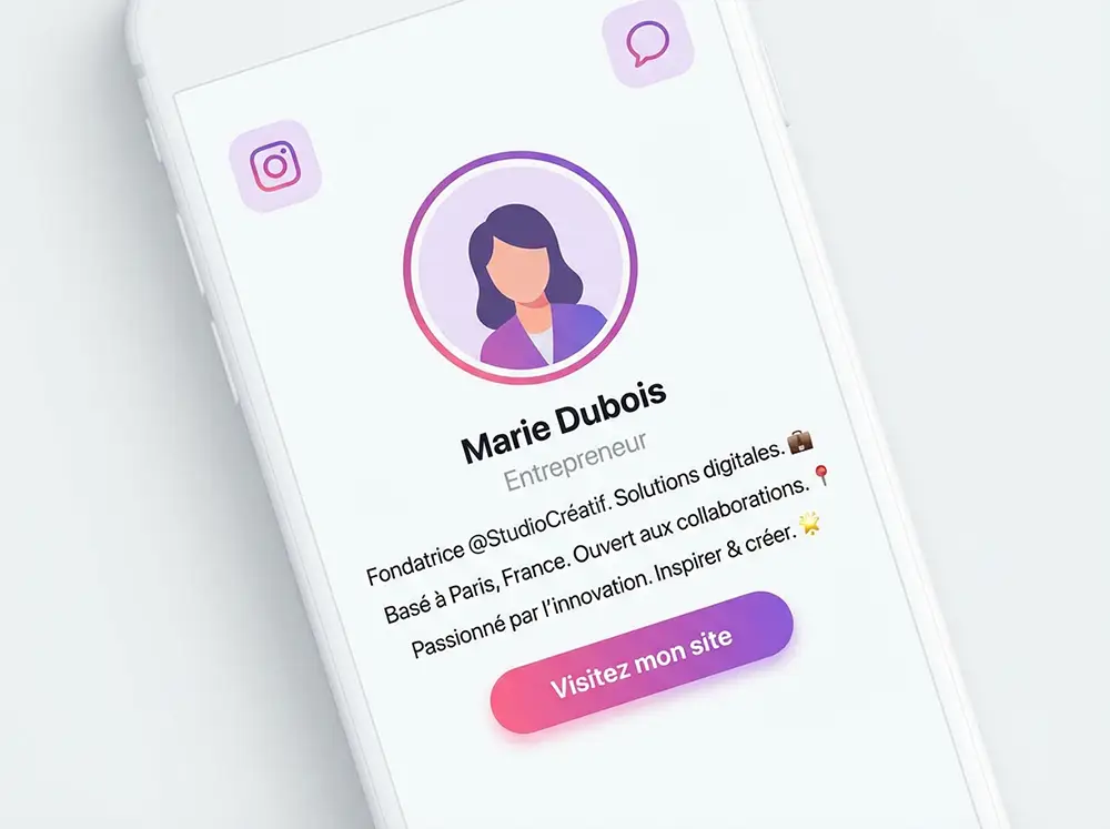 Mockup smartphone affichant une bio Instagram professionnelle optimisée avec CTA