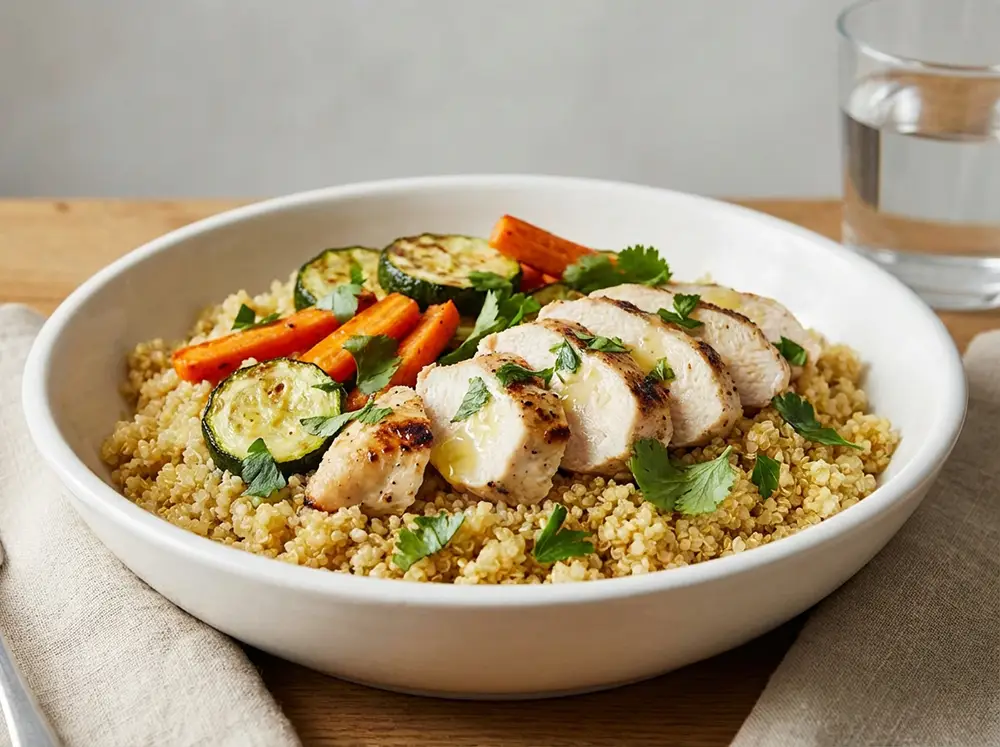 Bol de quinoa avec poulet grillé et légumes rôtis, recette minceur 450 kcal