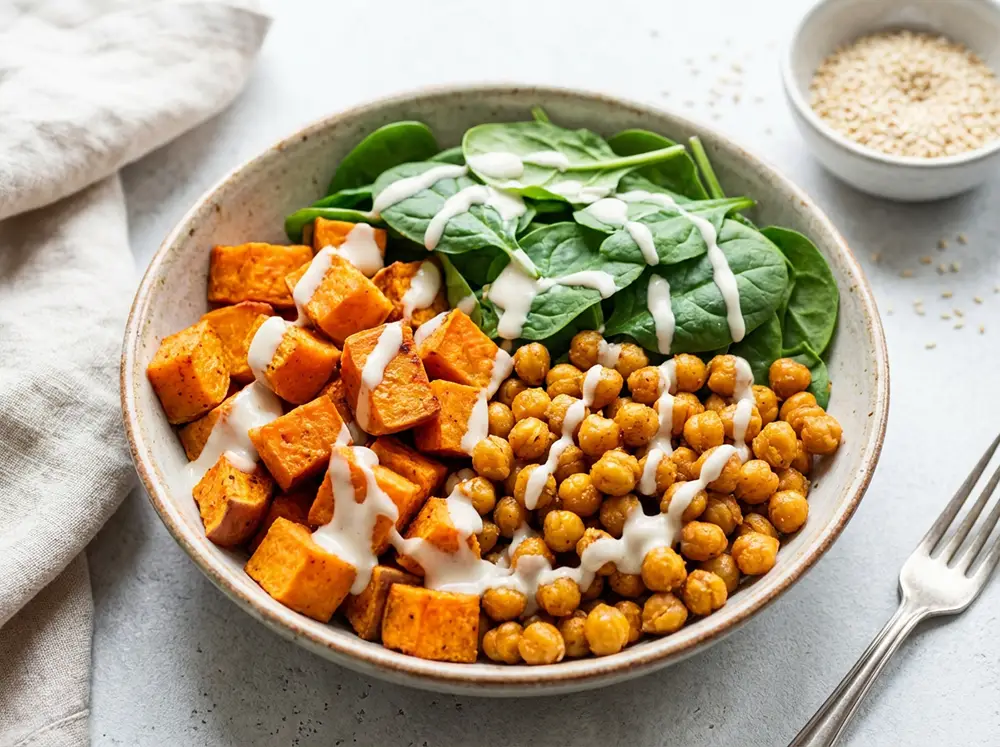 Buddha bowl coloré avec pois chiches rôtis, cubes de patate douce et sauce tahini