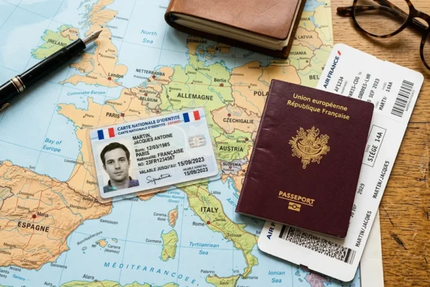 Carte d'identité française périmée posée sur une carte d'Europe avec un passeport et une carte d'embarquement