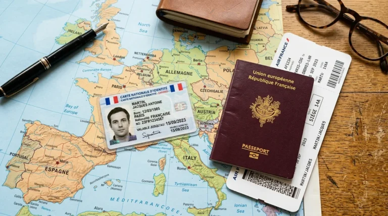 Carte d'identité française périmée posée sur une carte d'Europe avec un passeport et une carte d'embarquement