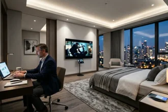 Intérieur de chambre d'hôtel de luxe moderne avec voyageur d'affaires utilisant plusieurs appareils connectés : ordinateur portable ouvert sur bureau, smartphone sur table de nuit, tablette diffusant du contenu sur écran TV intelligent mural, éclairage chaleureux doux, design minimaliste contemporain gris et blanc, connectivité numérique fluide