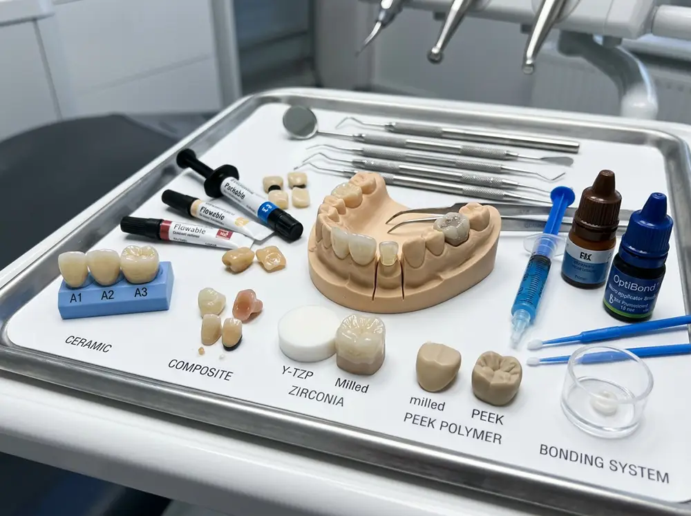 gros plan détaillé montrant une comparaison des matériaux de restauration dentaire sur un plateau d'examen professionnel