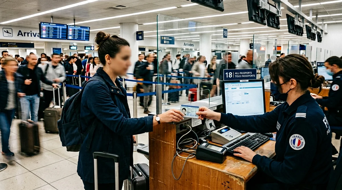 Contrôle aux frontières en aéroport avec carte d'identité périmée Voyageur présentant une carte d'identité française périmée à un agent de contrôle aux frontières dans un aéroport