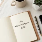 Bureau d'entrepreneur avec carnet, smartphone et café illustrant les démarches de création d'une micro-entreprise en 2026