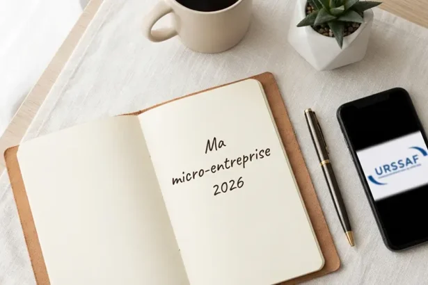 Bureau d'entrepreneur avec carnet, smartphone et café illustrant les démarches de création d'une micro-entreprise en 2026