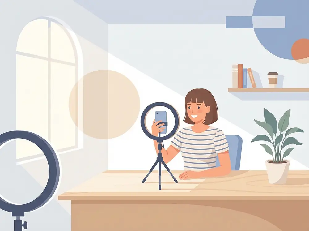 Entrepreneur filmant un Reel Instagram avec smartphone sur trépied dans un bureau minimaliste