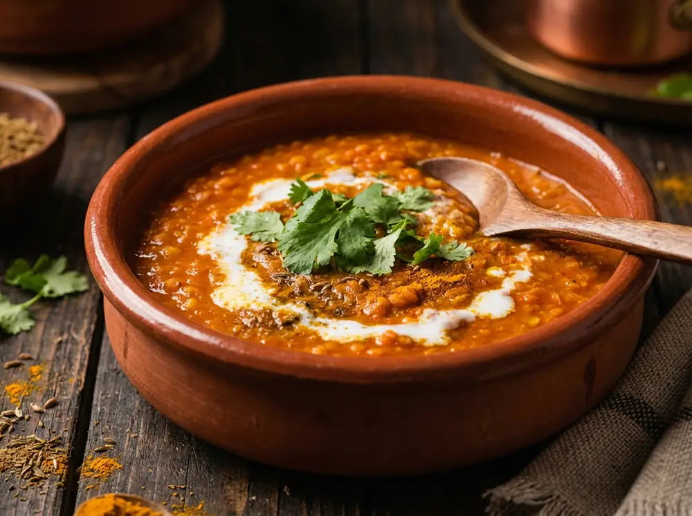 Bol de curry de lentilles corail orange avec coriandre fraîche et lait de coco