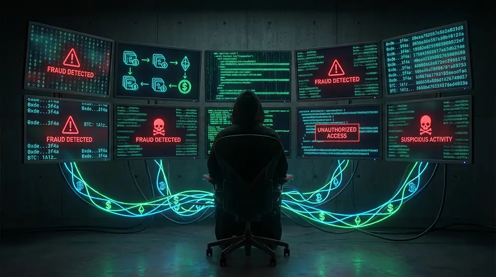 Concept de délit d'initié sur Polymarket avec portefeuilles crypto suspects et transactions blockchain analysées par Bubblemaps avant les frappes sur l'Iran