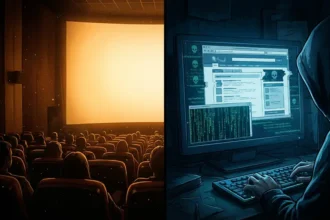 Illustration représentant la dualité entre cinéma légal et plateforme de streaming pirate comme Diparaz