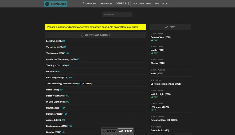 Capture d'écran de la page principale de Diparaz avec films et séries disponibles en streaming