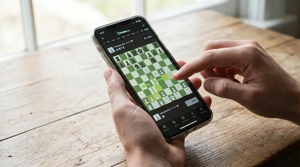 Mains tenant un smartphone affichant une partie d'échecs sur l'application Chess.com
