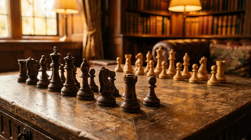 Jeu d'échecs classique en bois avec pièces Staunton sur une table vintage